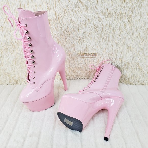 Baby Pink Patent Platform 7" Heel Ankle Boots - Picture 12 of 16